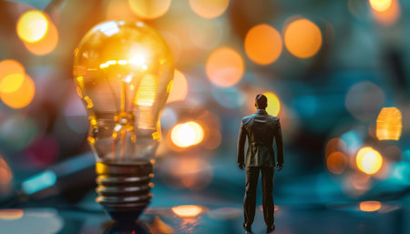 Miniature people : Businessman thinking and light bulb with bokeh background.の素材
