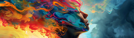 Portrait of a beautiful woman with flowing paint. Abstract background.の素材