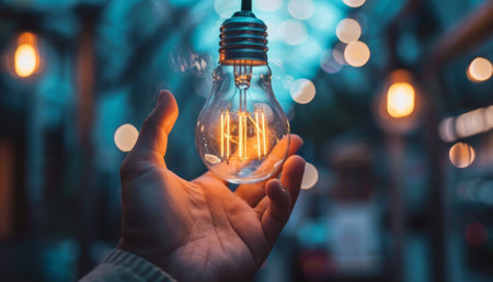 Hand holding a lightbulb with bokeh background,idea conceptの素材
