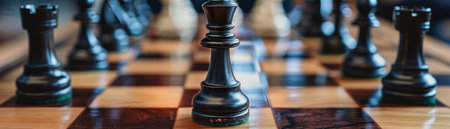 Black chess pieces on a chessboard close-up. Selective focus.の素材