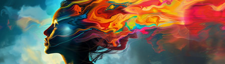 Double exposure portrait of a beautiful young woman with flowing hair on colorful background.の素材