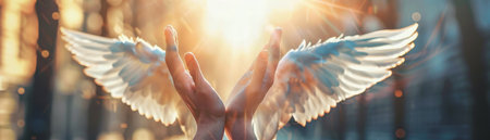 Angel hands with wings in the rays of the setting sun. Panoramaの素材