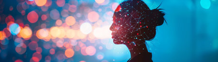 Silhouette of a female head with a polygonal network. The concept of artificial intelligence.の素材