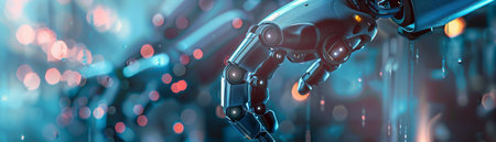 3d rendering robot hand with blurred lights bokeh background.の素材