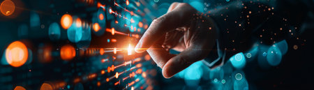 Businessman on blurred background using digital holographic interface 3D renderingの素材