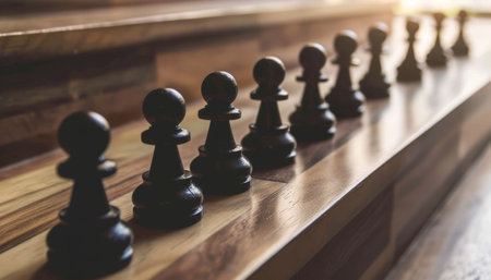 Black chess pieces on a wooden chessboard in the room. Selective focus.の素材