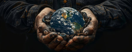 Hands composed of automotive parts holding the Earth, highlighting industrial impact and transportationの素材