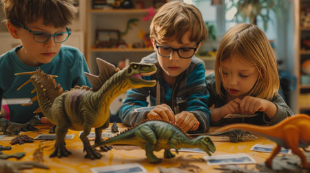 Kids making a museum of their favorite dinosaur toys, each labeled with homemade placardsの素材