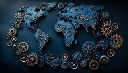 Gears arranged to form a globe, each continent meticulously crafted from smaller cogs and wheelsの素材