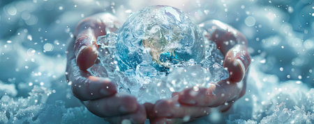 Crystal clear ice hands cradling a frozen Earth, highlighting climate change and global warmingの素材