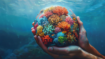 Earth held by hands made of colorful coral reefs, emphasizing marine conservationの素材