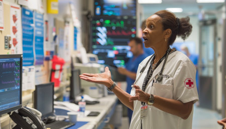 Confident female doctor or nurse explains medical scans with hand gestures in a modern hospital setting.の素材