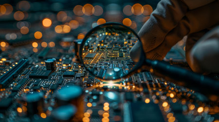 An engineer inspecting complex circuit boards under a magnifying glass, illuminated by soft, blue lightの素材