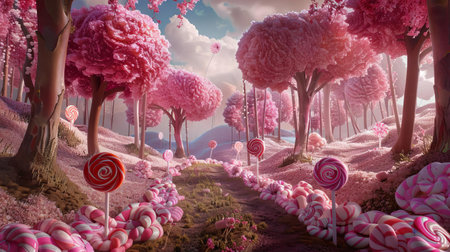 An ethereal candy forest where lollipops grow as trees, and marshmallows are blooming flowersの素材
