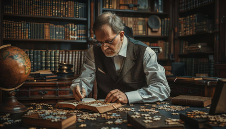 An elegant image of a businessman in a classic study, writing a book with pages turning into jigsaw piecesの素材
