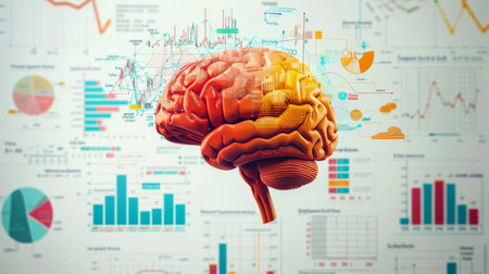 A human brain superimposed on a background of charts and graphs, representing the power of data analysis and decision making.の素材