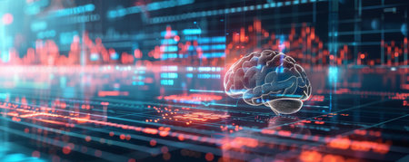 Abstract digital brain with glowing lines and data.の素材