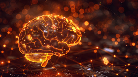 Abstract glowing brain with a bokeh background, representing intelligence and neural activity.の素材