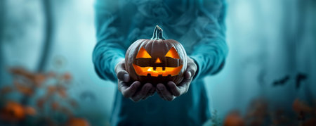 Halloween concept. A man holds a pumpkin in his hands.の素材
