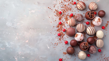 Assortment of Delicious Chocolate Truffles with Red Berriesの素材