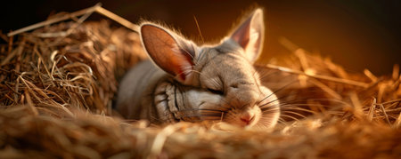Cute Chinchilla Sleeping in Hay Nestの素材