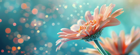 Pink gerbera flowers with bokeh effect on blue backgroundの素材