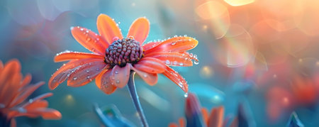 Orange gerbera flower with dew drops on petals.の素材