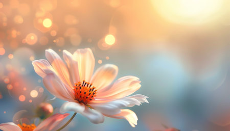 Beautiful cosmos flowers on bokeh background. Floral card.の素材