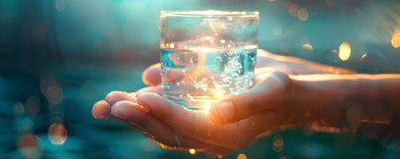 Glass of water in hand with bokehの素材