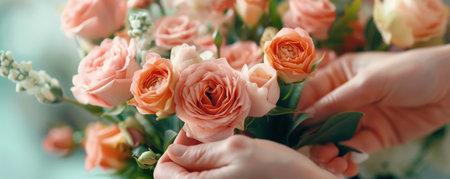 Close Up of Delicate Peach Roses with Greeneryの素材