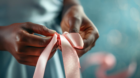 Woman's hands tying pink ribbonの素材