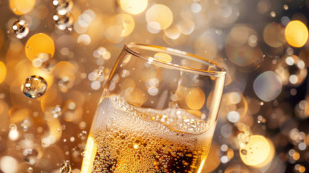 Closeup of a glass of champagne with bubbles and bokehの素材