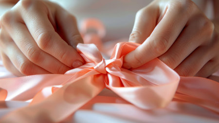 Closeup of Hands Tying a Peach-Colored Ribbonの素材