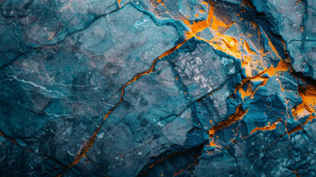 Background of dark blue stone texture with orange and black veins. Abstract background.の素材