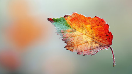 Autumn leaf with water drops on blurred background, shallow depth of fieldの素材