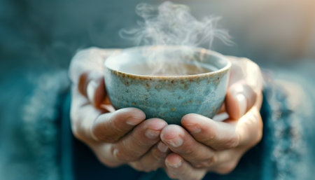 Hands Holding a Cup of Hot Beverage with Steam Risingの素材