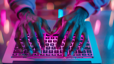 Closeup of Hands Typing on a Laptop Keyboard in Neon Lightsの素材
