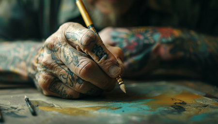 Tattooed Artist Painting with Brushの素材