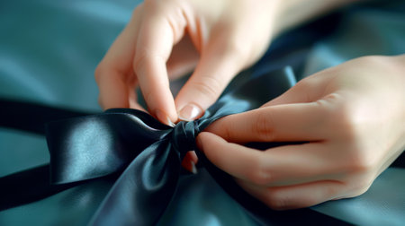 Hands tying a teal ribbon bowの素材