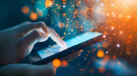 Hand Using Smartphone with Glowing Network Connectionsの素材
