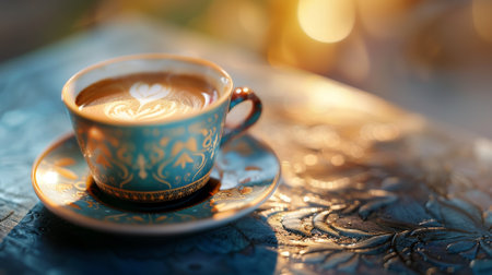 Coffee with Latte Art in Blue and Gold Cupの素材