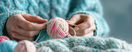 Woman's Hands Holding Pink and Blue Yarn Ballsの素材