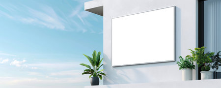 Blank billboard mockup on white building with green plantsの素材