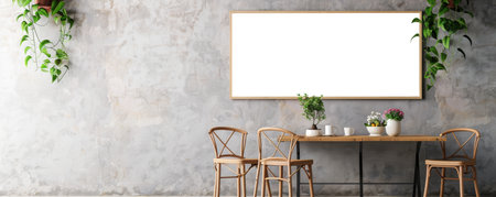 Wooden Chairs and Table in Front of a Concrete Wall with a Frameの素材