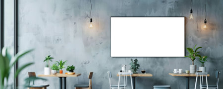 Minimalist Cafe Interior with Empty Frame on Concrete Wallの素材