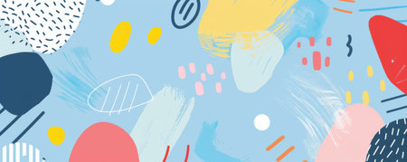 Abstract blue background with colorful shapes and dots.の素材