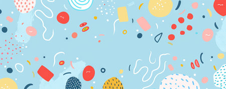 Abstract blue background with colorful shapes and patterns.の素材