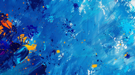 Abstract blue, yellow, and orange paint splatters on a white background.  The paint is thick and textured, creating a dynamic and energetic feel.の素材
