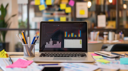 Laptop with Graphs and Charts on a Deskの素材