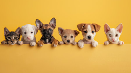 Group of puppies peeking out from behind a blank yellow banner.の素材